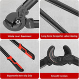 Cable-cutter feature graphic showing hardened jaws, long arms and red-and-black non-slip grips