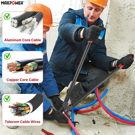 Cable-cutter application graphic showing aluminum, copper and telecommunications cables