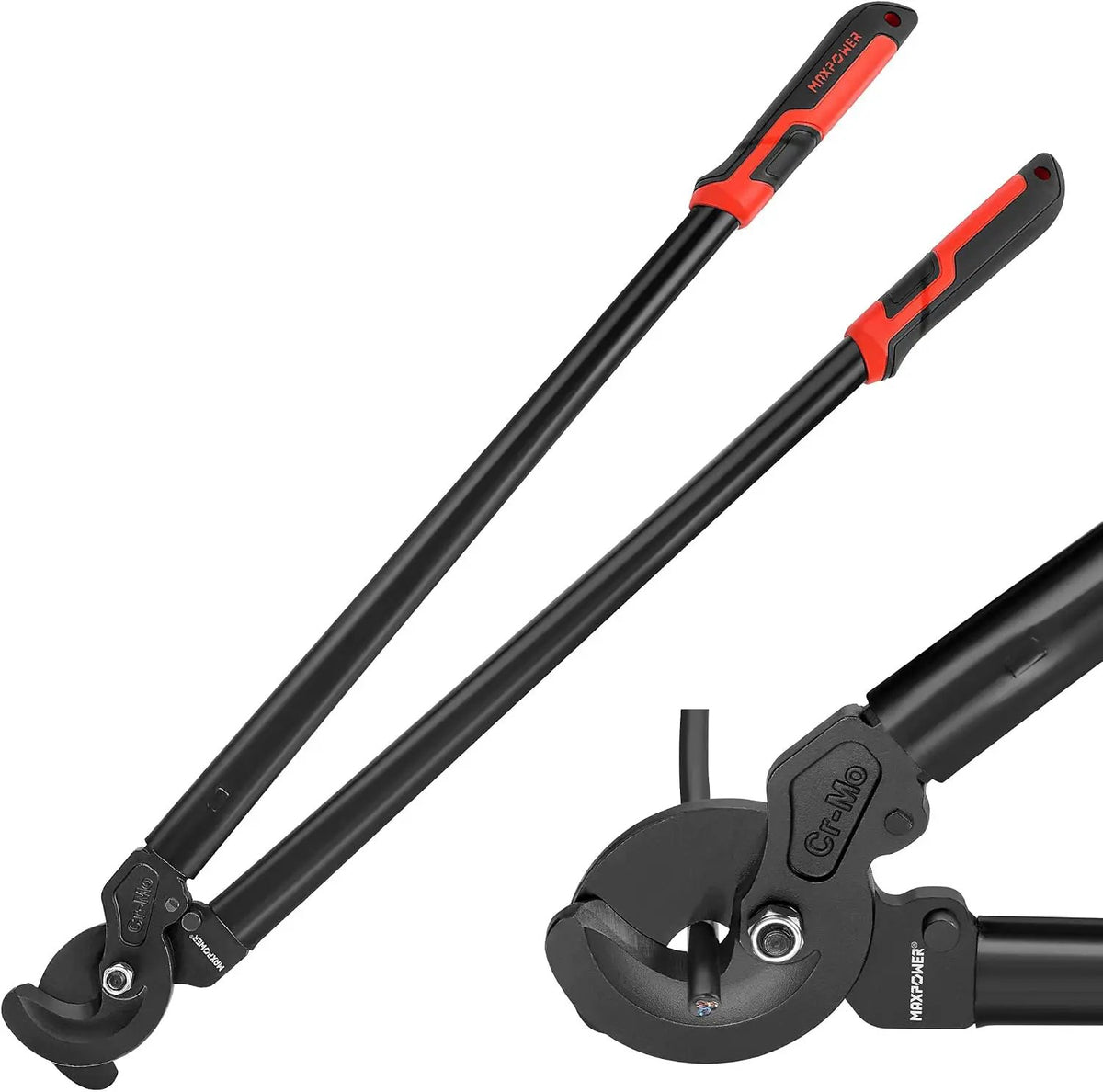 Cable cutter with long red-and-black handles and an inset close-up of its cutting jaws