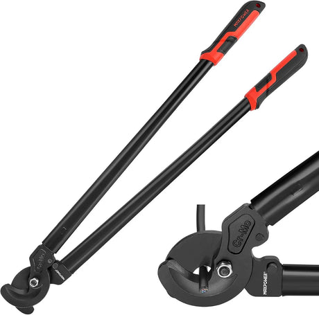 Cable cutter with long red-and-black handles and an inset close-up of its cutting jaws