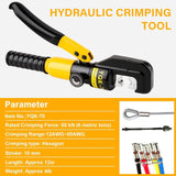 Hydraulic-crimper specification graphic listing 6-metric-ton force and a 12 AWG to 00 AWG crimping range