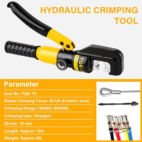 Hydraulic-crimper specification graphic listing 6-metric-ton force and a 12 AWG to 00 AWG crimping range