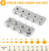 Hydraulic crimper die chart showing nine hexagonal die sizes from 4 to 70 with wire-size equivalents