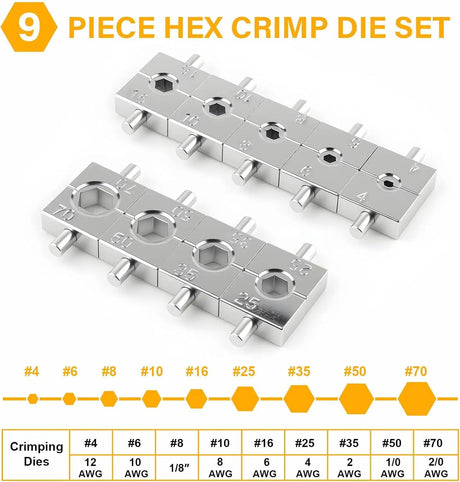 Hydraulic crimper die chart showing nine hexagonal die sizes from 4 to 70 with wire-size equivalents