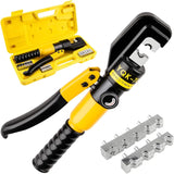 Yellow-and-black hydraulic crimping tool shown with interchangeable dies and an open yellow carrying case