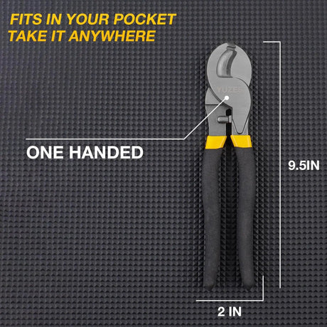Cable cutter graphic showing a 9.5-inch length, 2-inch width and one-handed use