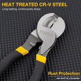 Cable cutter feature graphic showing the polished head and heat-treated chrome vanadium steel construction