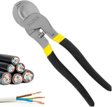 Black-and-yellow handled cable cutter beside examples of cut cable and stripped conductors