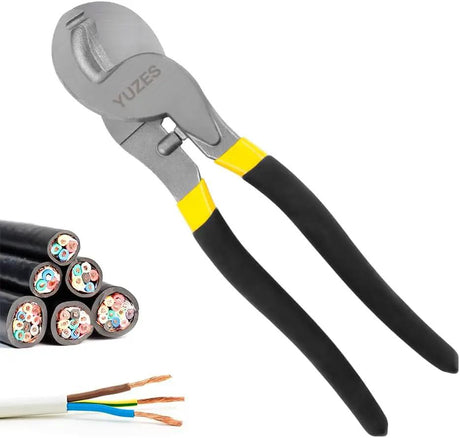 Black-and-yellow handled cable cutter beside examples of cut cable and stripped conductors