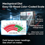Battery-tester dial guide identifying test, charge and alternator bands, with a cold-temperature reading note