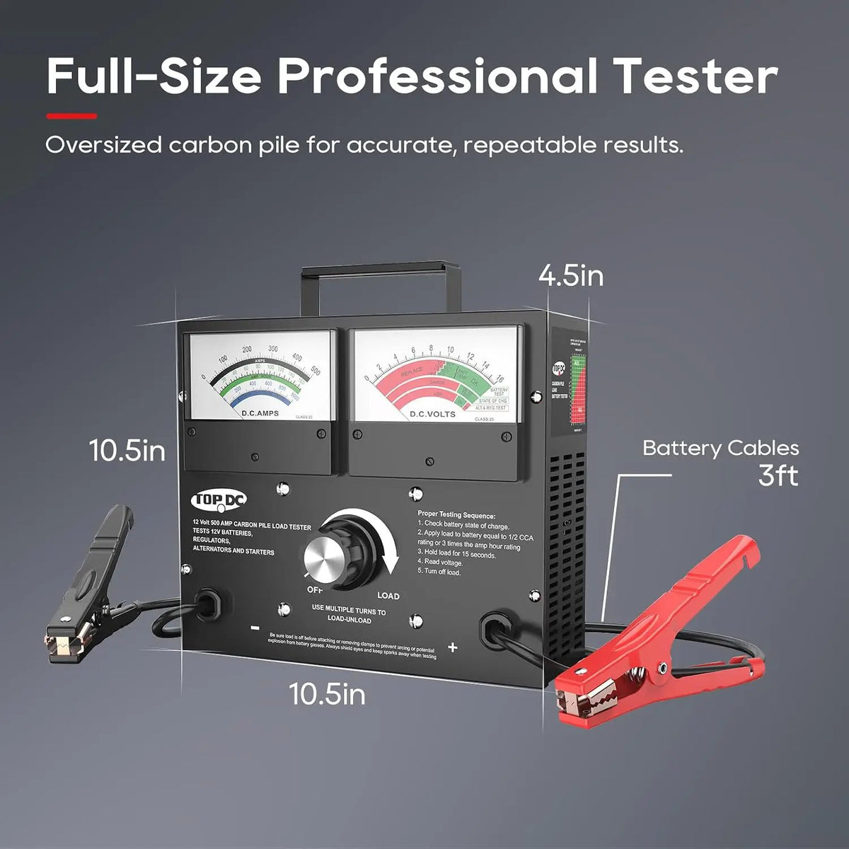 Battery load tester dimensions showing a 10.5-inch width and height, 4.5-inch depth and 3-foot cables