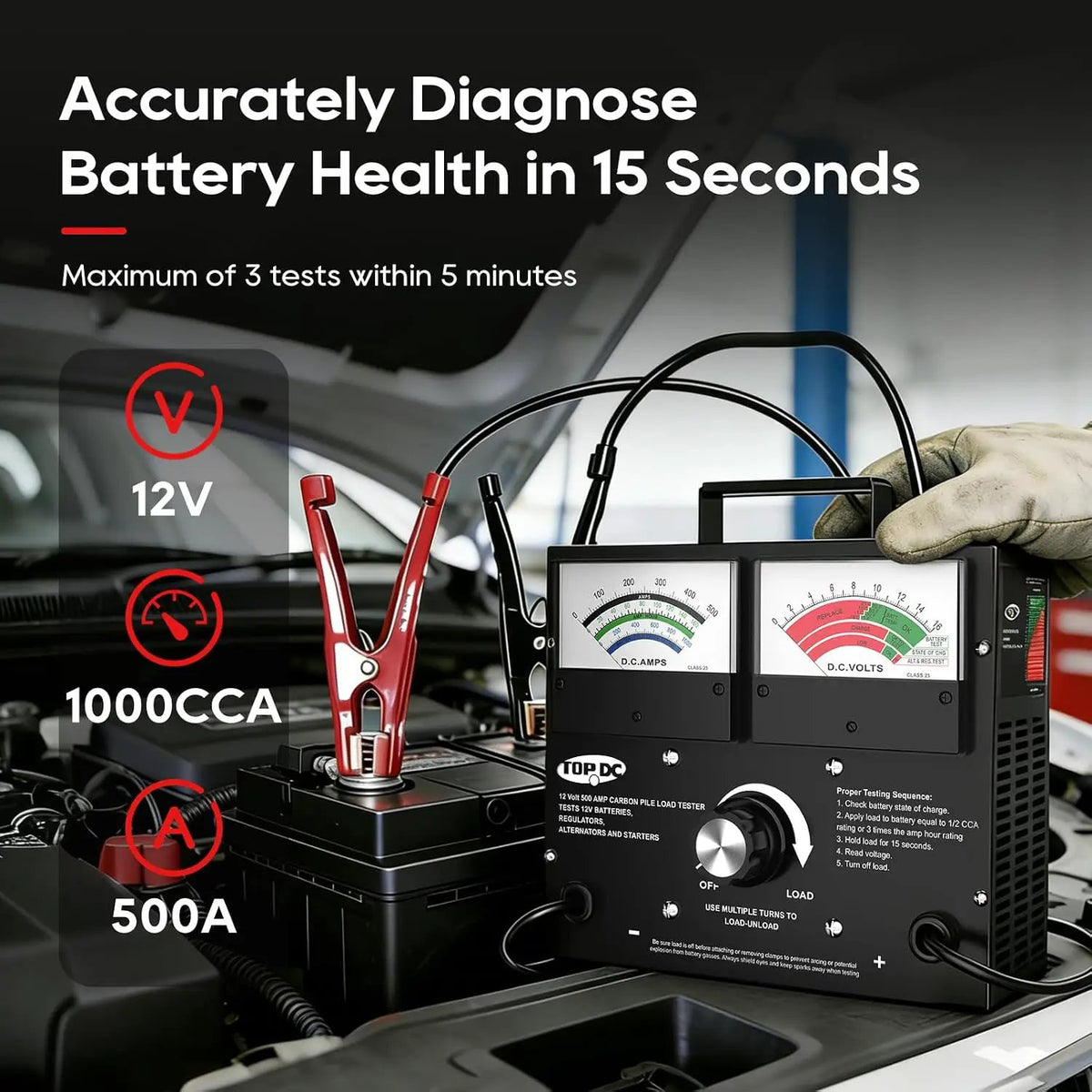 Battery load-tester graphic advertising a 15-second test and showing 12V, 1000CCA and 500A markings