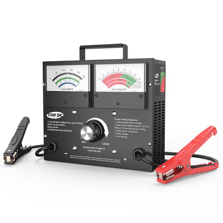 TOPDC 500-amp carbon-pile battery load tester with two meters and red and black clamps