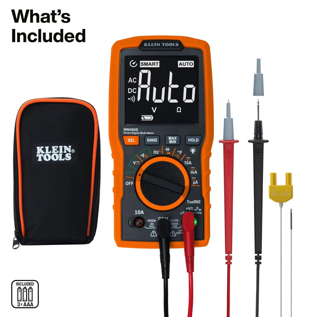 Klein MM460S kit graphic showing the multimeter, carrying case, test leads and temperature probe, with three AAA batteries listed