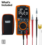 Klein MM460S kit graphic showing the multimeter, carrying case, test leads and temperature probe, with three AAA batteries listed