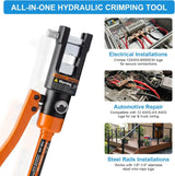 Hydraulic-crimper application graphic showing electrical, automotive and cable-railing connections