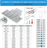 Hydraulic crimper chart showing 15 pairs of dies for 12 AWG through 600 MCM with size dimensions