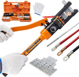 Orange hydraulic crimper held by gloved hands, with die sets, crimped cable ends and a carrying case