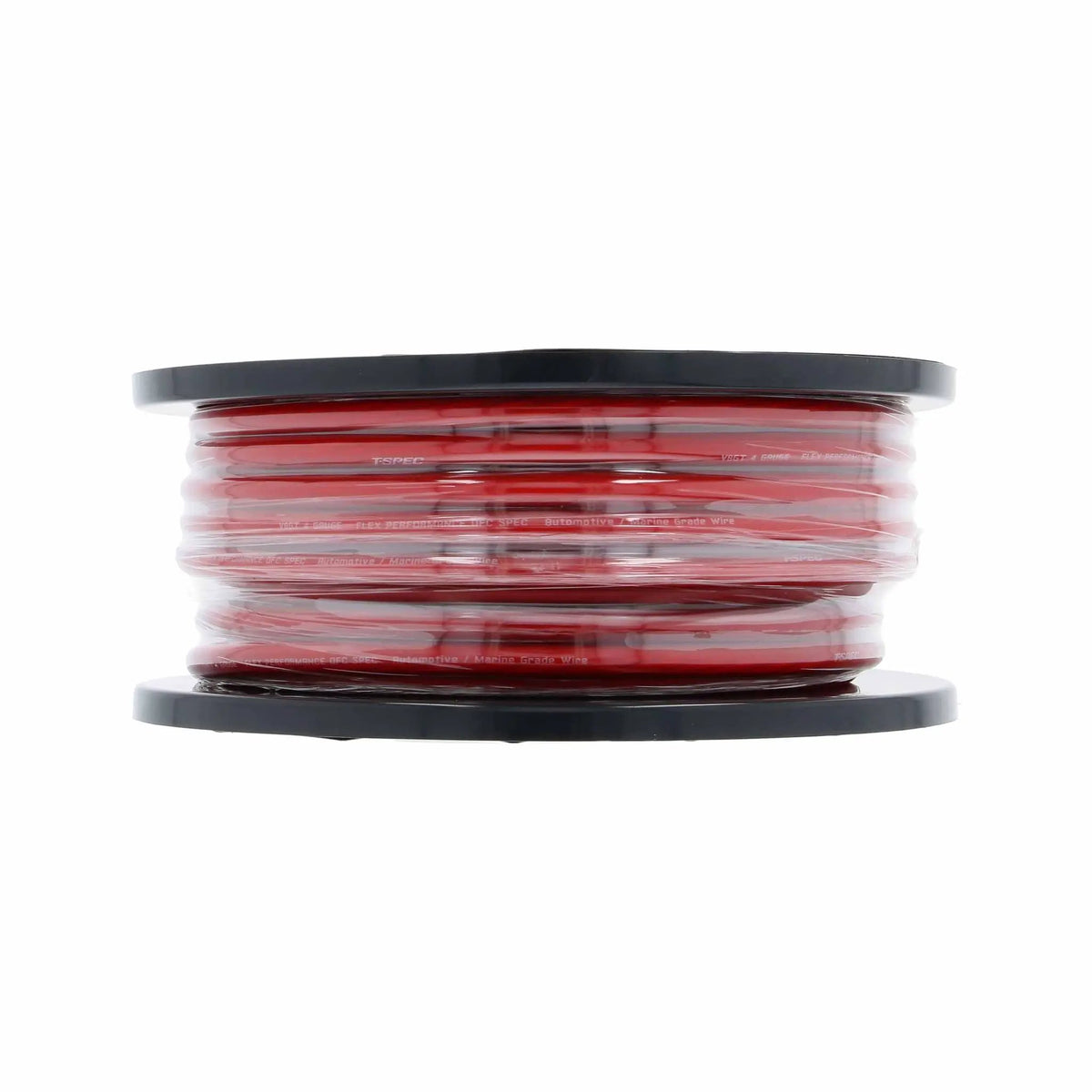 Side view of a red T-Spec power-wire spool wrapped in clear protective film