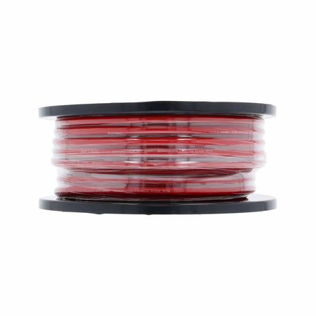 Side view of a red T-Spec power-wire spool wrapped in clear protective film