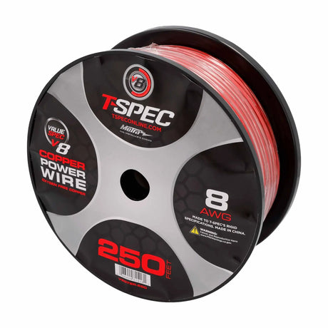 Angled T-Spec red-wire spool with a label marked 8 AWG and 250 feet