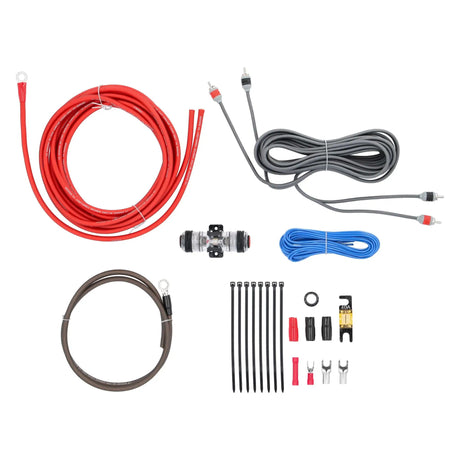 Amplifier wiring kit with power cables, RCA leads, fuse holder, connectors and cable ties