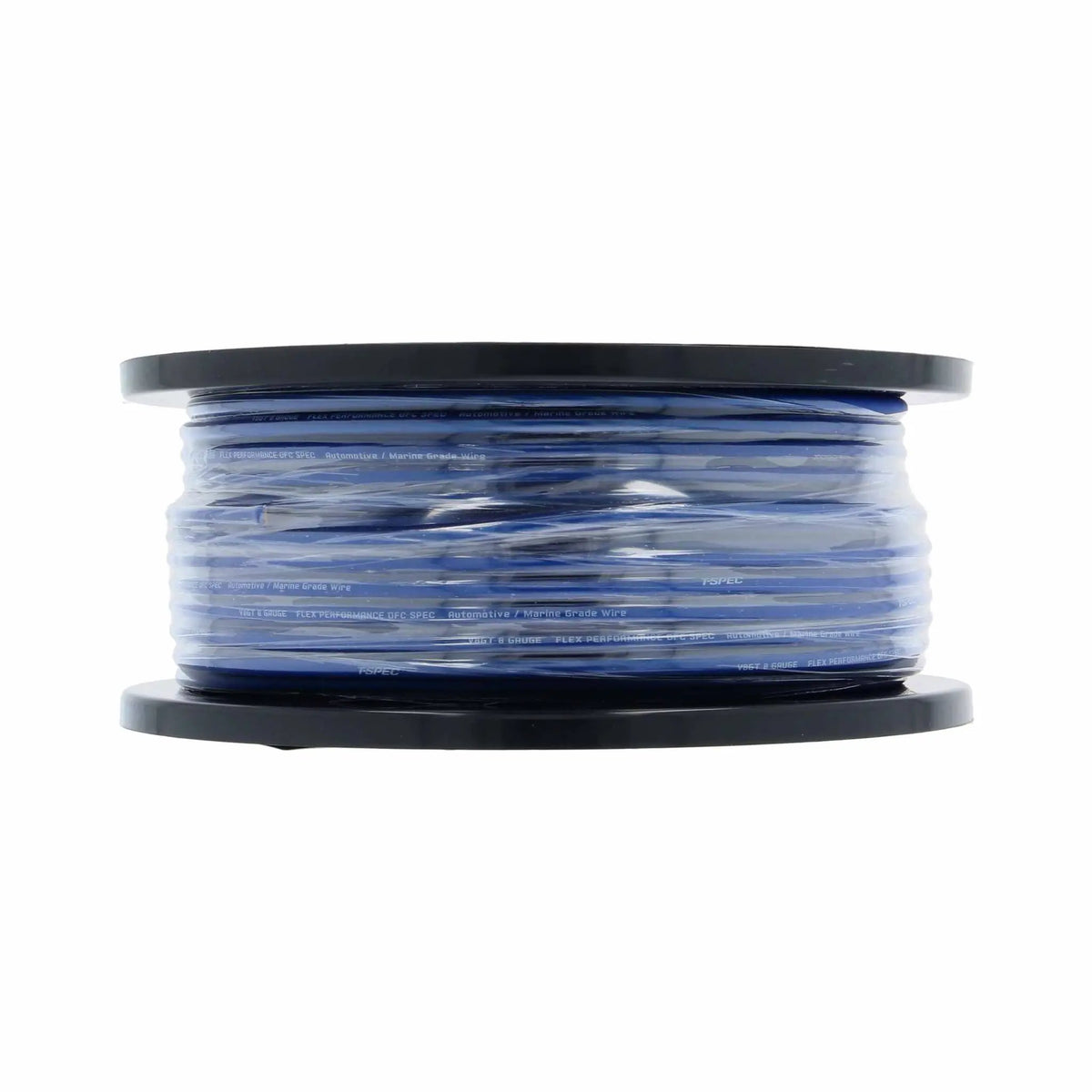 Side view of blue cable wound on a black spool under clear wrapping