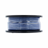 Side view of blue cable wound on a black spool under clear wrapping