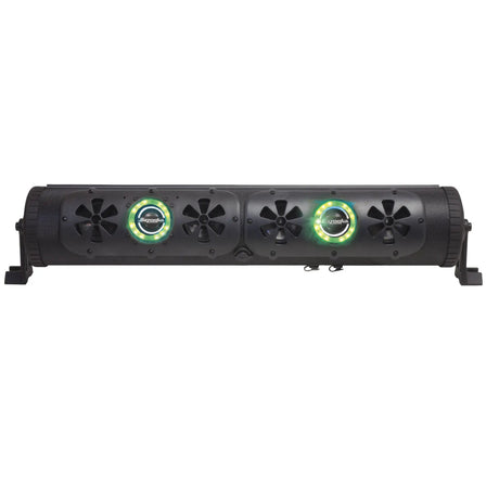 Black Bazooka sound bar with four front speakers and two illuminated green rings
