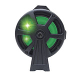 End view of a black sound bar with a green-lit speaker behind its protective grille