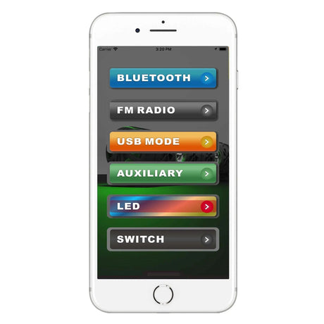 Bazooka Party Bar phone app menu with Bluetooth, FM radio, USB, auxiliary, LED and switch controls