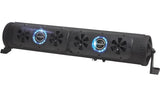 Black Bazooka soundbar with several speaker grilles, two blue-lit rings and mounting feet