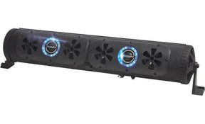 Black Bazooka soundbar with several speaker grilles, two blue-lit rings and mounting feet