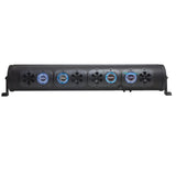 Black soundbar with blue illuminated speaker rings, front view
