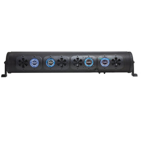 Black soundbar with blue illuminated speaker rings, front view