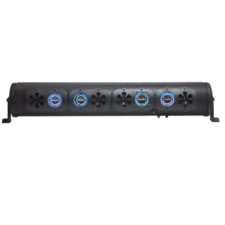Black soundbar with blue illuminated speaker rings, front view