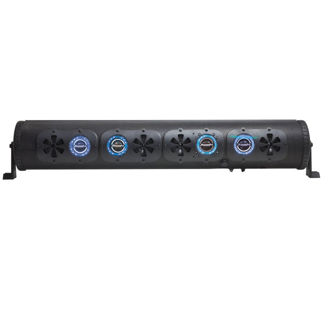 Black soundbar with blue illuminated speaker rings, front view