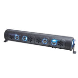 Black soundbar with blue illuminated speaker rings, angled view