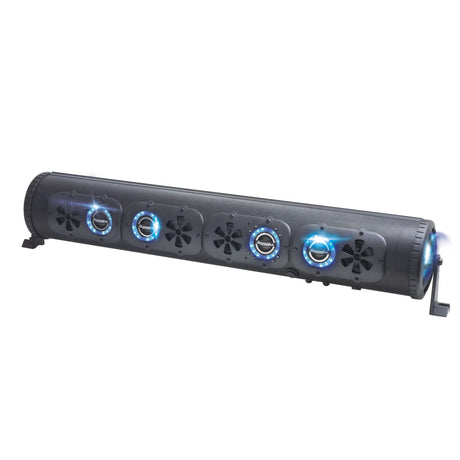 Black soundbar with blue illuminated speaker rings, angled view