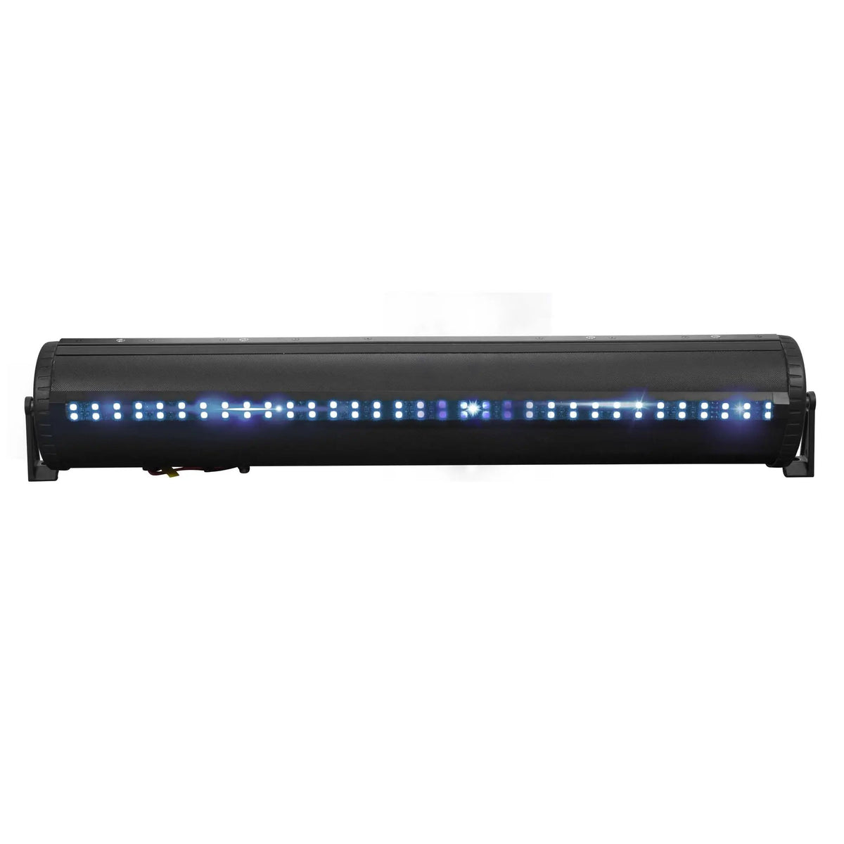 Black soundbar with a row of blue lights, rear view