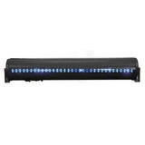 Black soundbar with a row of blue lights, rear view