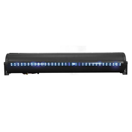 Black soundbar with a row of blue lights, rear view
