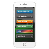 Bazooka phone app screen with Bluetooth, FM radio, USB, auxiliary, lighting and switch controls