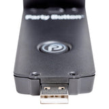 Close-up of an iNVITATION USB audio adapter showing its USB plug and Party Button