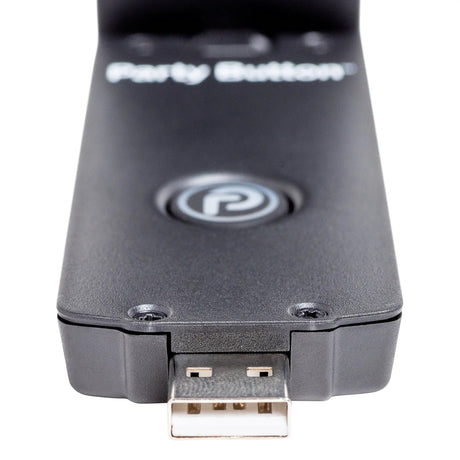 Close-up of an iNVITATION USB audio adapter showing its USB plug and Party Button