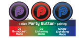 Bazooka Party Button modes: purple for DJ broadcast, red for DJ listening and blue for single listening