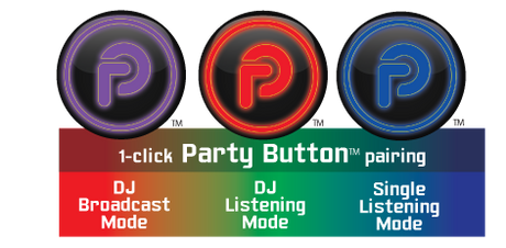 Bazooka Party Button modes: purple for DJ broadcast, red for DJ listening and blue for single listening