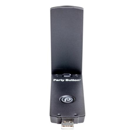Bazooka iNVITATION wireless adapter front view showing its raised antenna, USB plug and Power and Party buttons