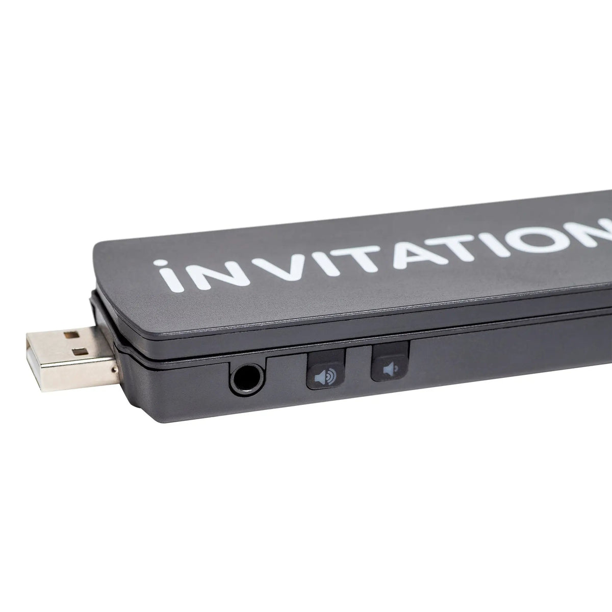 Close-up of a Bazooka iNVITATION adapter showing its USB plug, audio jack and side buttons