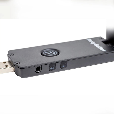 Close-up of a Bazooka iNVITATION adapter showing the Party Button, audio jack and volume controls